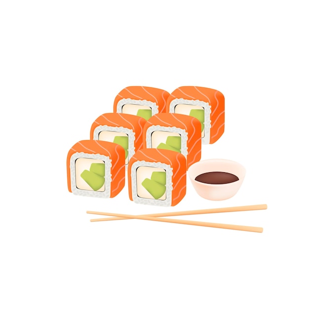 Vector gratuito rollos de sushi con ilustración 3d de salmón y aguacate. dibujo de dibujos animados de palillos, salsa de soja y plato de pescado japonés en estilo 3d sobre fondo blanco. cocina asiática o japonesa, concepto de marisco