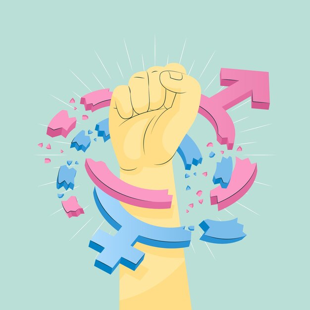 Romper la ilustración de las normas de género con el puño destruyendo los signos de género
