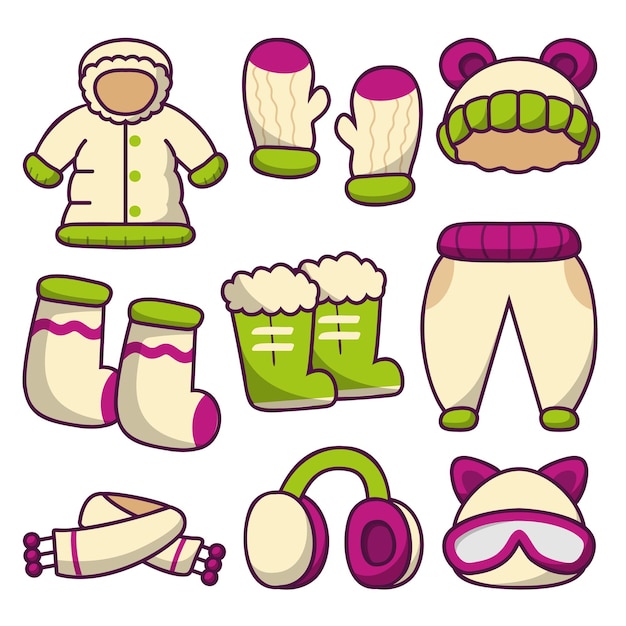 Ropa y accesorios conjunto de iconos de moda de invierno con gorros de suéter de punto cálido guantes bufandas botas en dibujo ilustración vectorial de estilo de dibujos animados