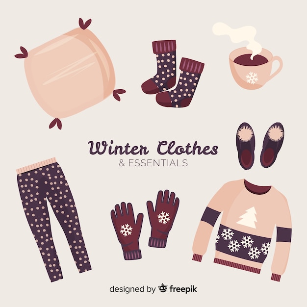 Vector gratuito ropa y accesorios imprescindibles de invierno en diseño plano