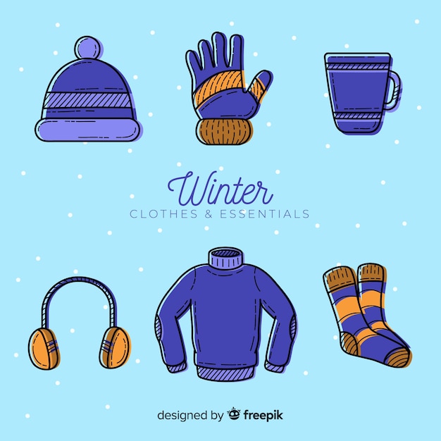 Vector gratuito ropa y accesorios de invierno imprescindibles dibujados a mano