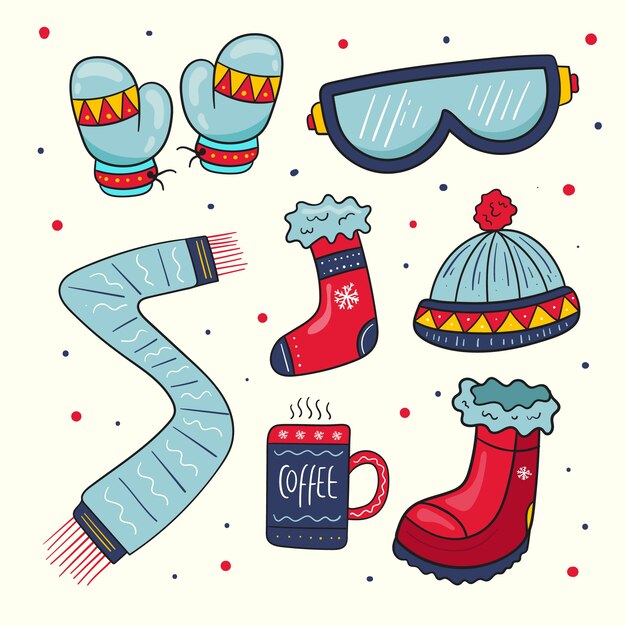 Ropa y accesorios de invierno imprescindibles dibujados a mano