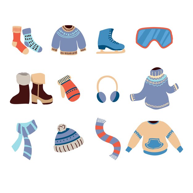 Ropa y accesorios de invierno imprescindibles dibujados a mano
