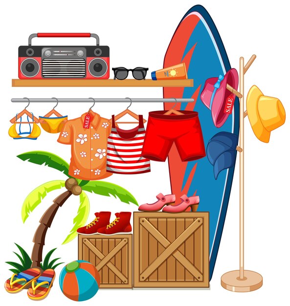 Ropa aislada en el tema de verano de exhibición de estante