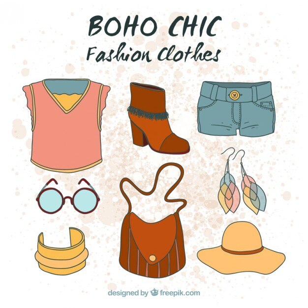 Ropa boho dibujada a mano en estilo hippie