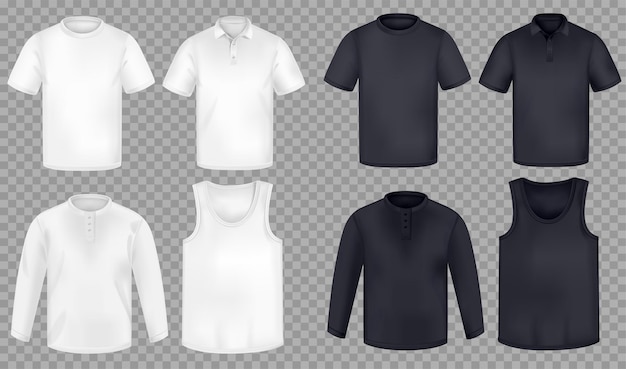 Ropa interior realista para hombres con vista frontal de camisetas blancas y negras en blanco aislada en la ilustración de vector de fondo transparente