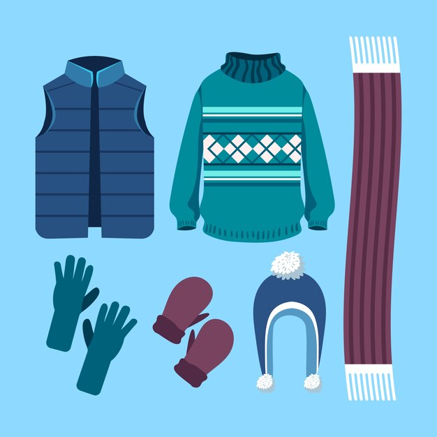 Ropa de invierno y colección de elementos esenciales.