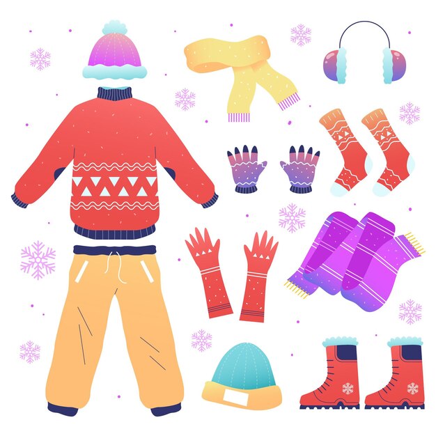 Ropa de invierno y complementos dibujados a mano.
