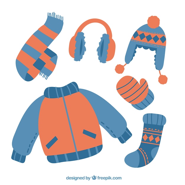Ropa de invierno dibujada a mano y elementos esenciales
