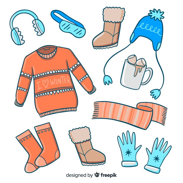 Ropa de invierno dibujada a mano y elementos esenciales