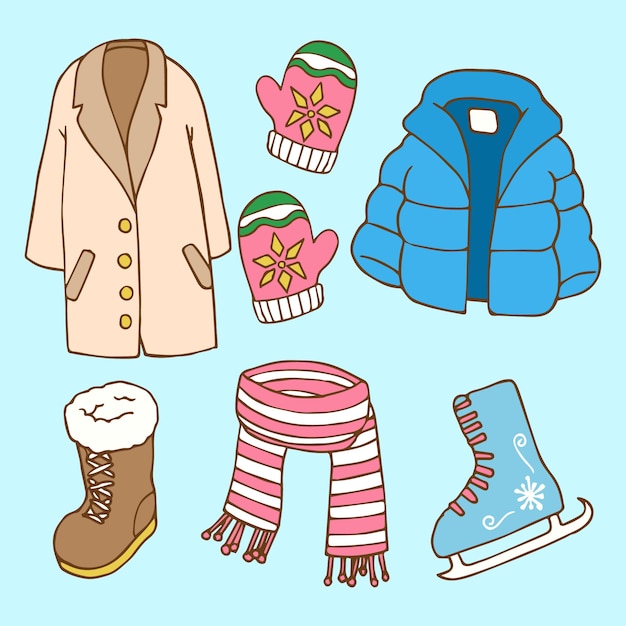 Ropa de invierno dibujada a mano y elementos esenciales