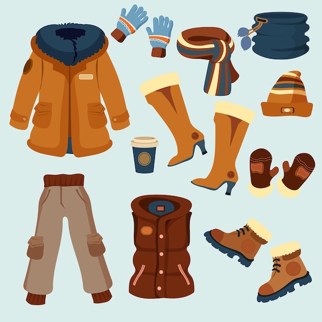 Vector gratuito ropa de invierno de diseño plano y básicos.