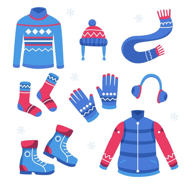 Ropa de invierno de diseño plano y elementos esenciales.