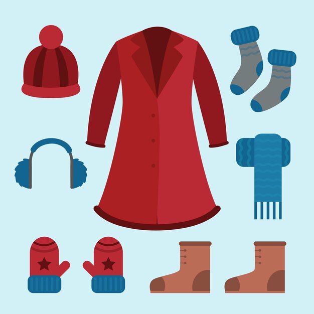 Ropa de invierno de diseño plano y elementos esenciales.