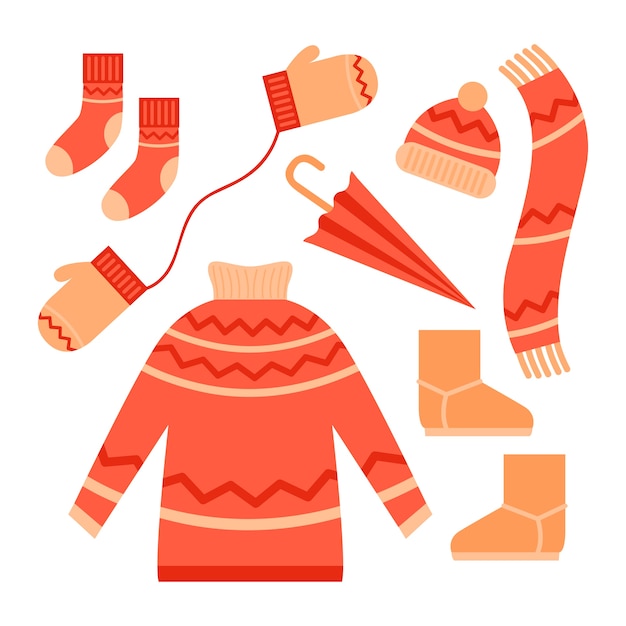 Ropa de invierno de diseño plano y elementos esenciales.