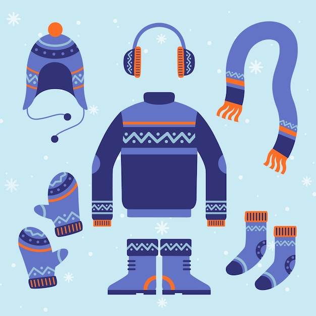 Ropa de invierno de diseño plano y elementos esenciales.