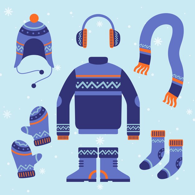 Ropa de invierno de diseño plano y elementos esenciales.