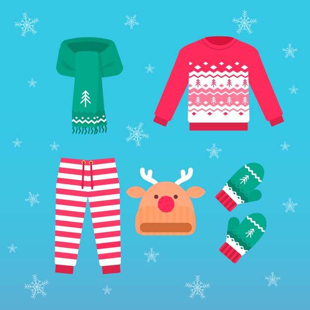 Ropa de invierno de diseño plano y elementos esenciales.