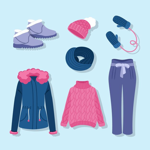 Ropa de invierno de diseño plano y elementos esenciales.