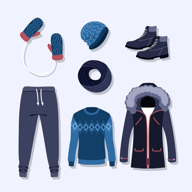 Ropa de invierno de diseño plano y elementos esenciales.