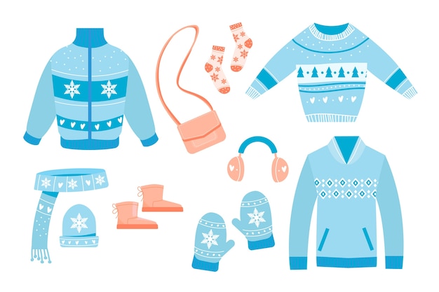 Ropa de invierno de diseño plano y elementos esenciales.