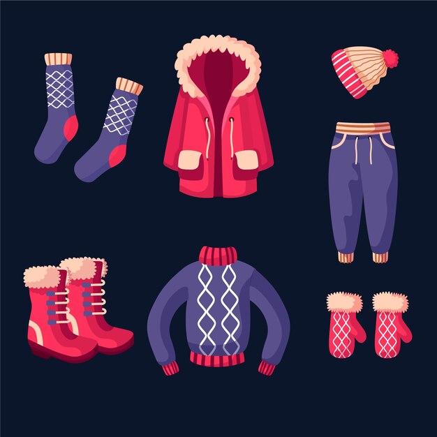 Ropa de invierno de diseño plano y elementos esenciales.