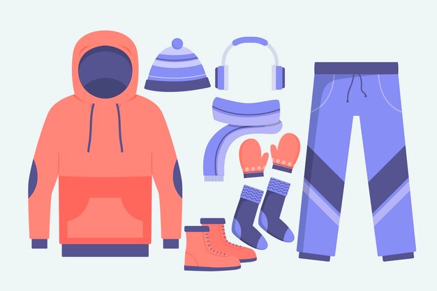 Ropa de invierno de diseño plano y elementos esenciales.