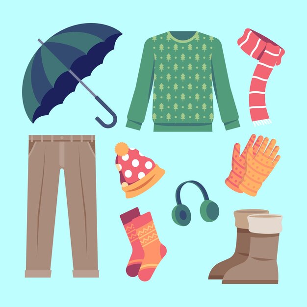 Ropa de invierno de diseño plano y elementos esenciales.