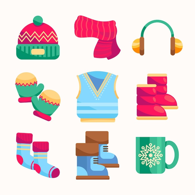 Ropa de invierno de diseño plano y elementos esenciales.