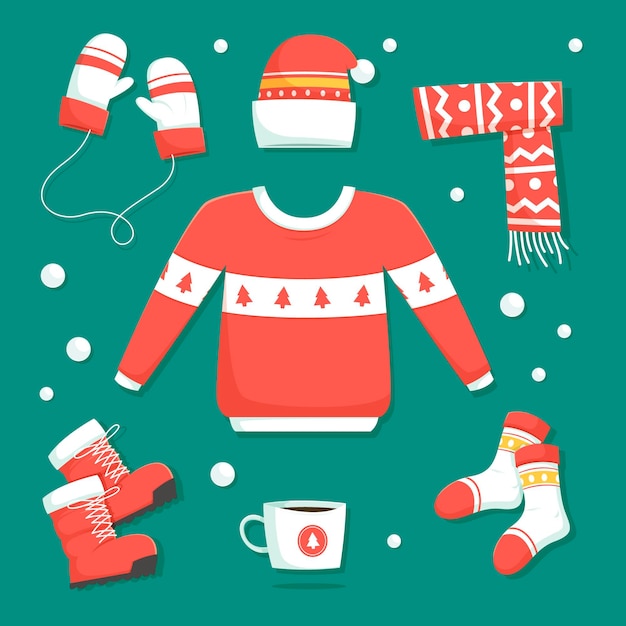 Ropa de invierno de diseño plano y elementos esenciales.