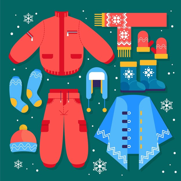 Ropa de invierno de diseño plano y elementos esenciales.