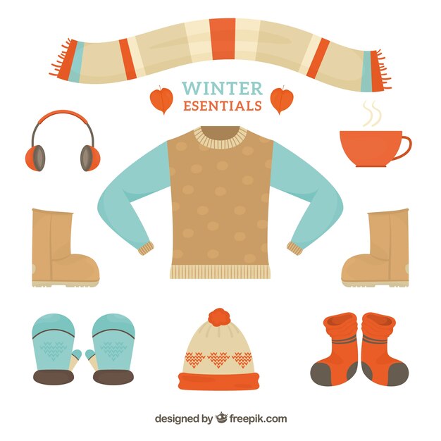 Ropa de invierno y elementos esenciales dibujados a mano.