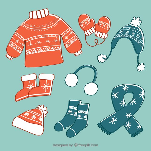Ropa de invierno y elementos esenciales dibujados a mano.