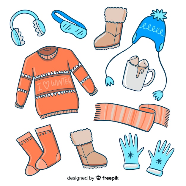 Ropa de invierno y elementos esenciales dibujados a mano.