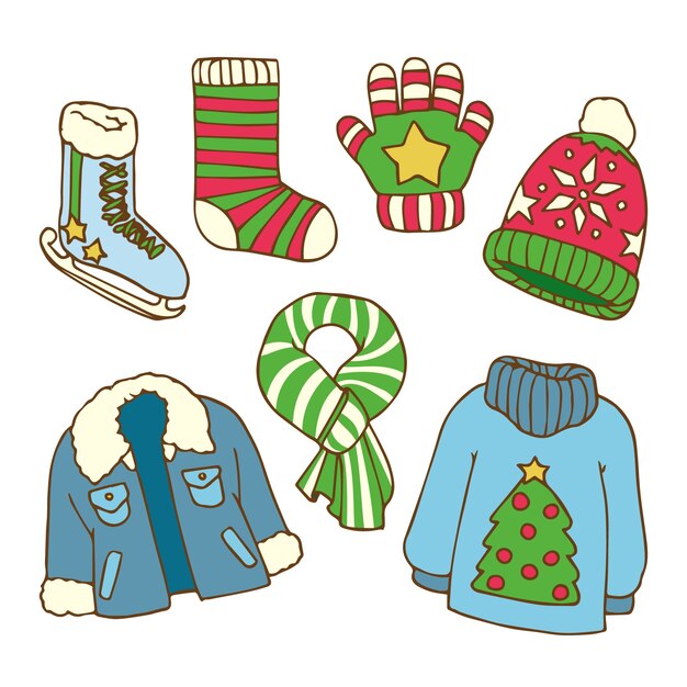 Ropa de invierno y elementos esenciales dibujados a mano.