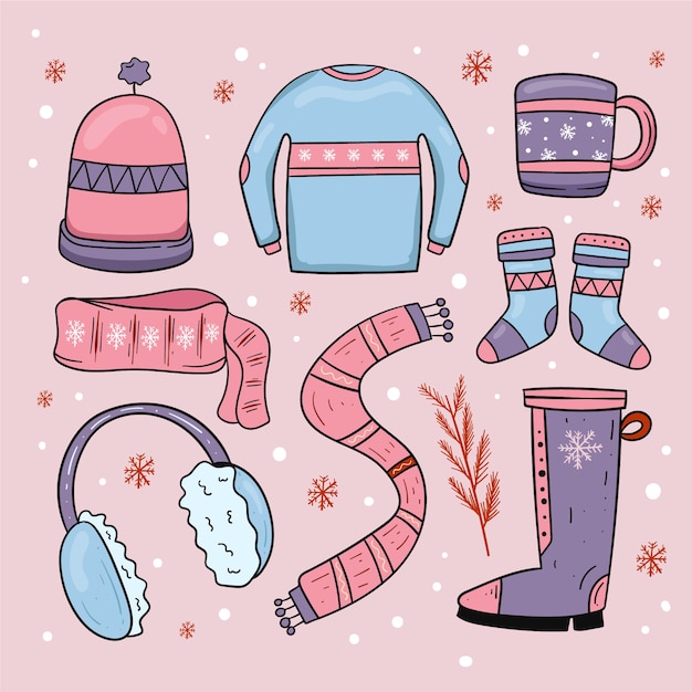 Ropa de invierno y elementos esenciales dibujados a mano.