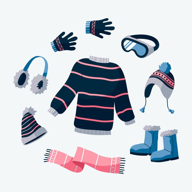 Ropa de invierno y elementos esenciales dibujados a mano.