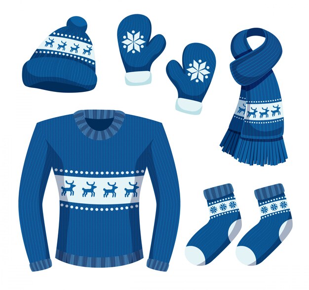 Ropa de invierno estacional con imágenes aisladas de elegantes prendas de abrigo con copos de nieve y ciervos ilustración