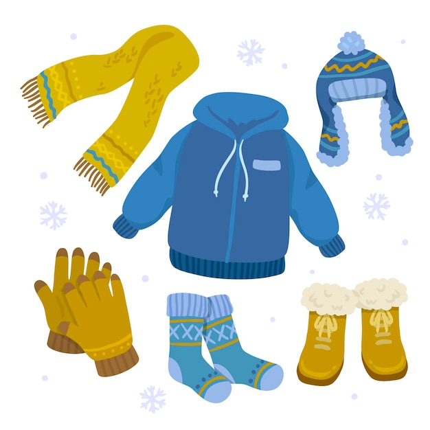 Ropa de invierno plana dibujada a mano y colección de artículos esenciales