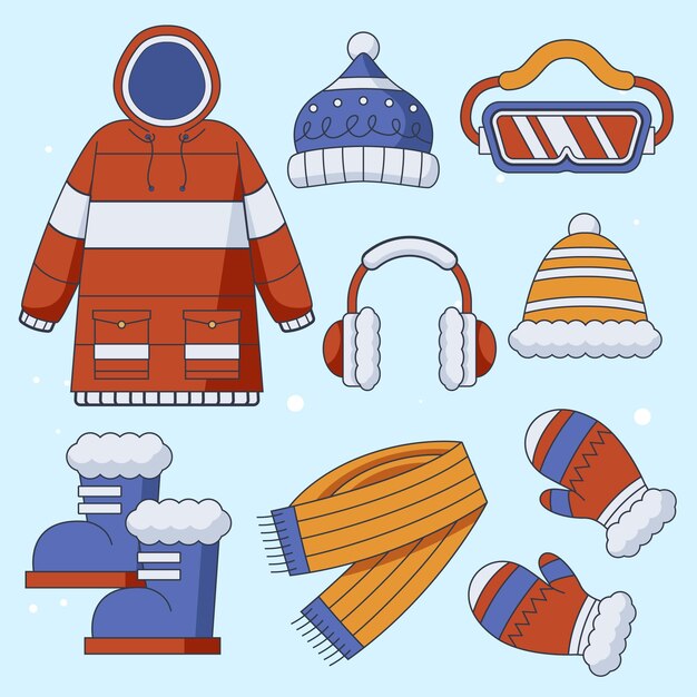 Ropa de invierno plana dibujada a mano y colección de artículos esenciales