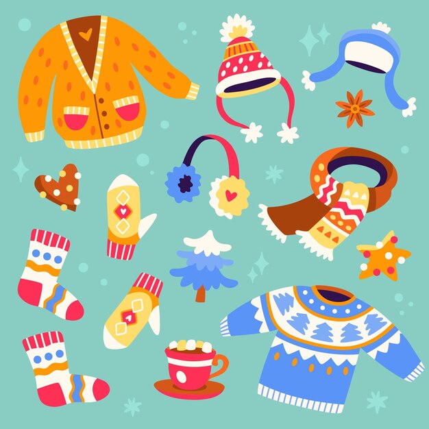 Ropa de invierno plana dibujada a mano y colección de artículos esenciales