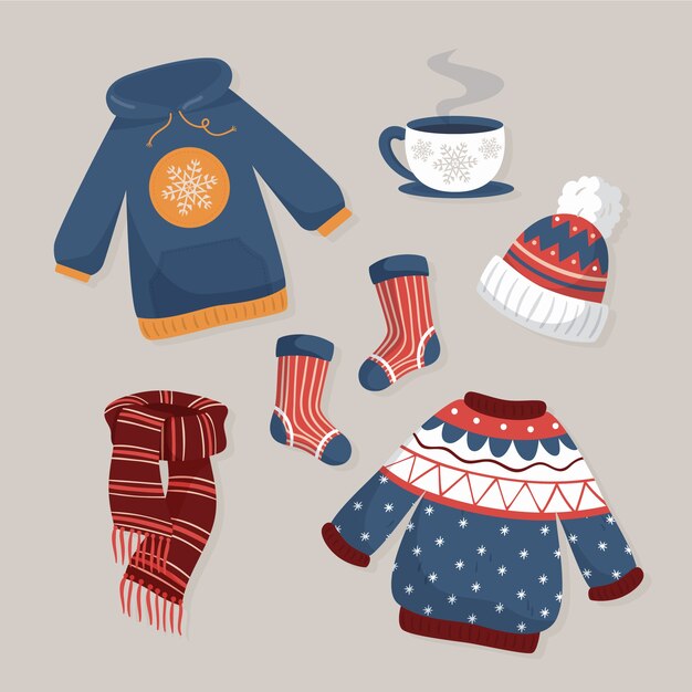 Ropa de invierno plana dibujada a mano y colección de artículos esenciales