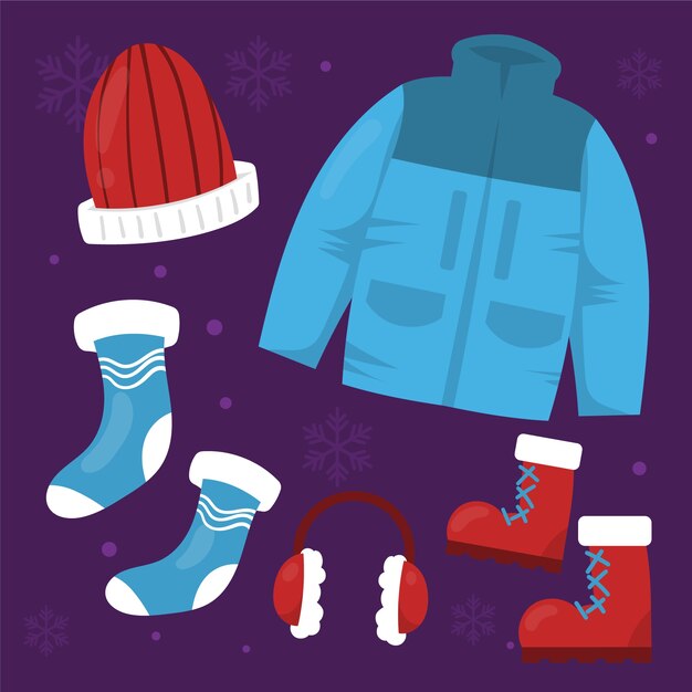 Ropa de invierno plana dibujada a mano y colección de artículos esenciales
