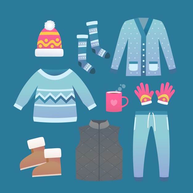 Ropa de invierno plana y elementos esenciales con una taza de chocolate caliente.