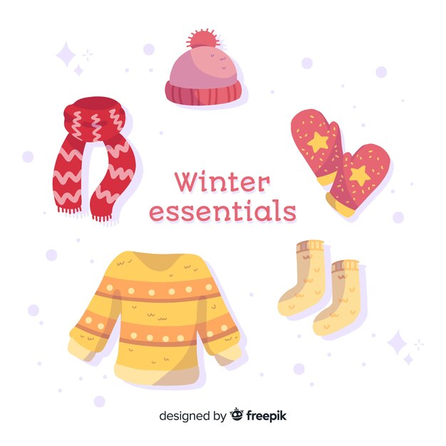 Ropa de invierno plana y elementos esenciales.