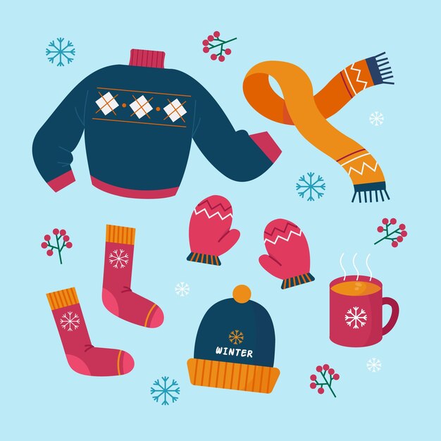 Ropa de invierno plana y elementos esenciales.