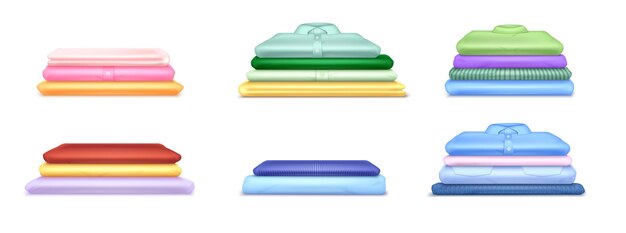 Ropa de lavandería toallas pila pila conjunto realista con iconos de colores aislados de mantas suaves y camisas ilustración vectorial