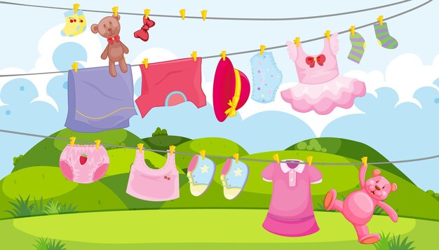 Ropa para niños en un tendedero con accesorios para niños en la escena al aire libre