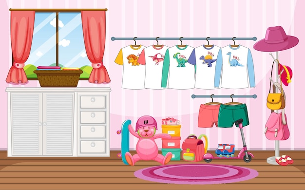 Ropa de niños en un tendedero con muchos juguetes en la escena de la habitación.