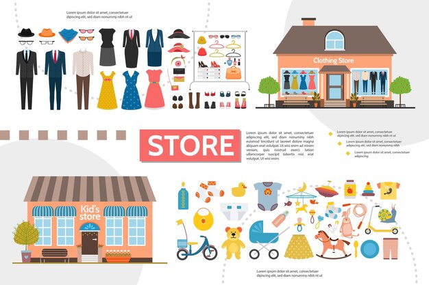 Ropa plana y tiendas para niños infografías con accesorios de ropa para mujeres y hombres, juguetes para niños, ilustración de ropa